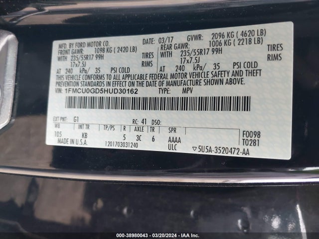 Ford ESCAPE SE 2017 1FMCU0GD5HUD30162 Image 9