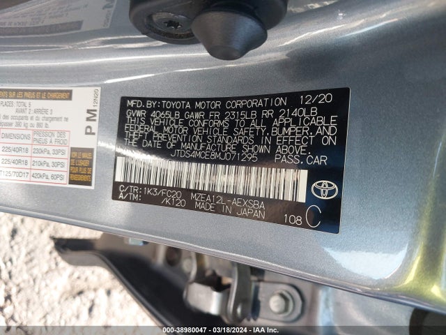 Toyota COROLLA SE 2021 JTDS4MCE8MJ071295 Image 9