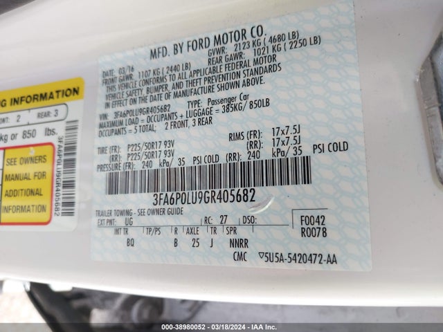 Ford Fusion Hybrid Se 2016 3FA6P0LU9GR405682 Image 9