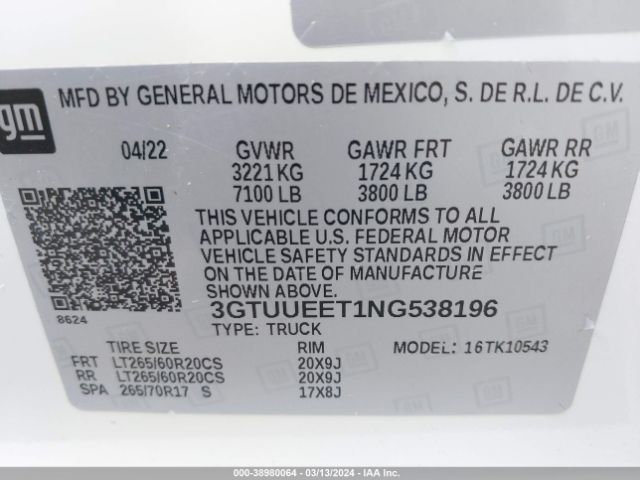 3GTUUEET1NG538196 GMC Sierra 1500 4wd  Short Box At4