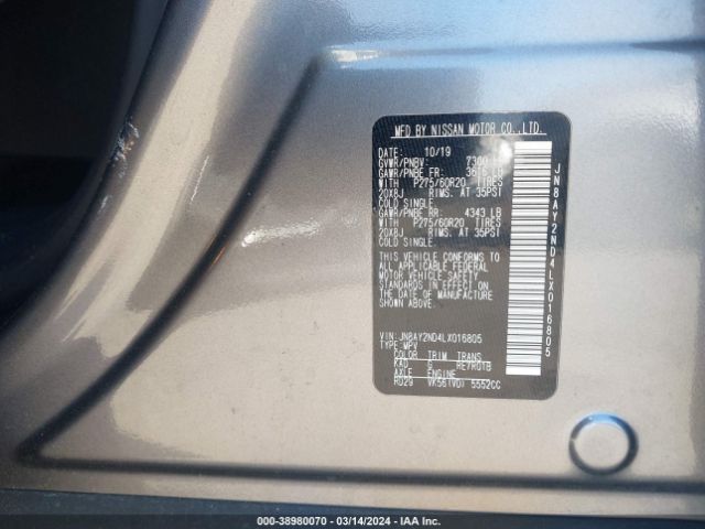 JN8AY2ND4LX016805 Nissan Armada Sl 2wd
