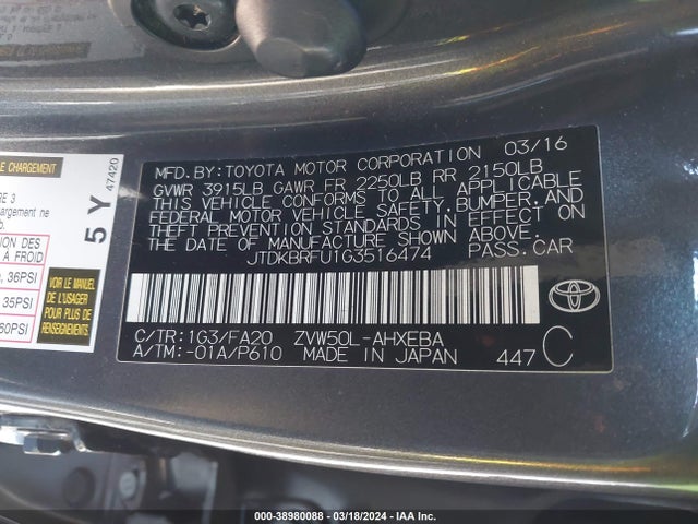 Toyota Prius Two 2016 JTDKBRFU1G3516474 Image 9