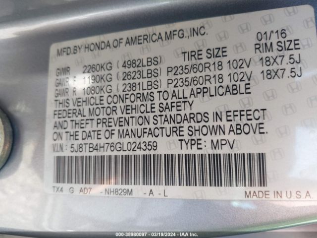5J8TB4H76GL024359 Acura Rdx Advance Package