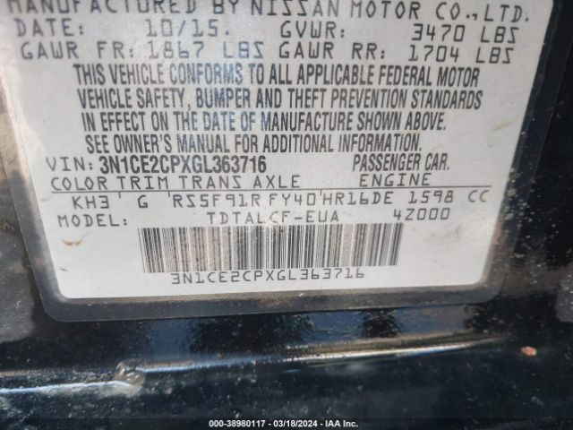 3N1CE2CPXGL363716 Nissan Versa Note S (sr)/s Plus/sl/sr/sv