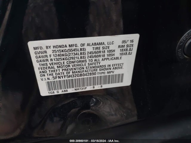 Honda Pilot Ex 2016 5FNYF5H32GB042890 Image 9