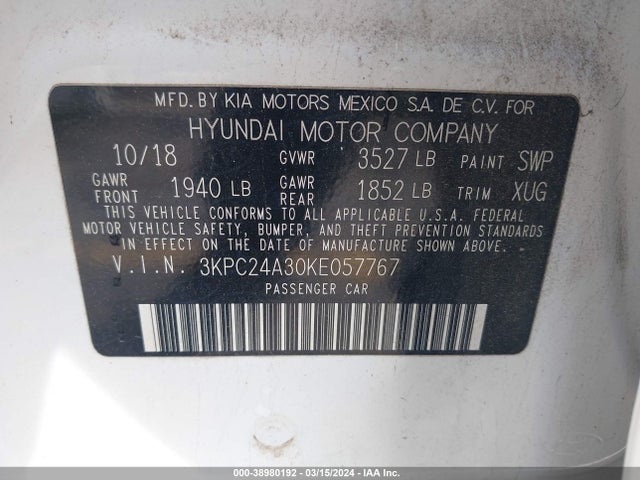 Hyundai ACCENT SE 2019 3KPC24A30KE057767 Image 9