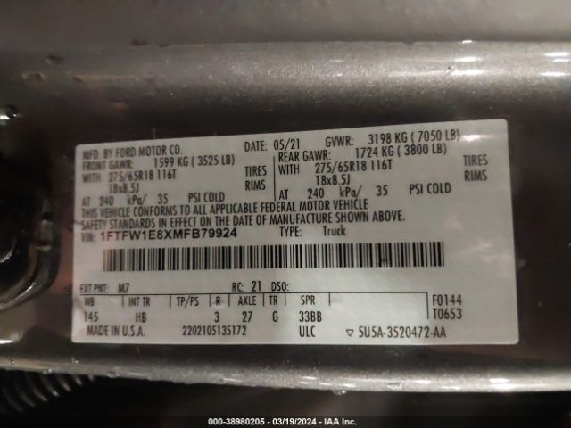 1FTFW1E8XMFB79924 Ford F-150 Lariat