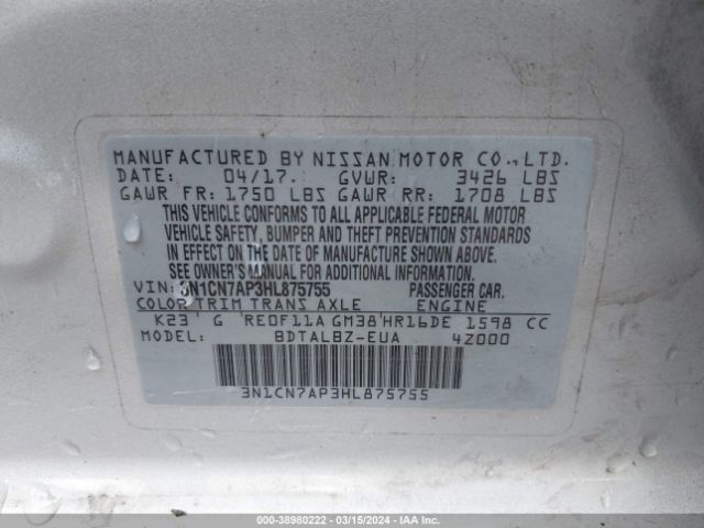 3N1CN7AP3HL875755 Nissan Versa 1.6 Sv