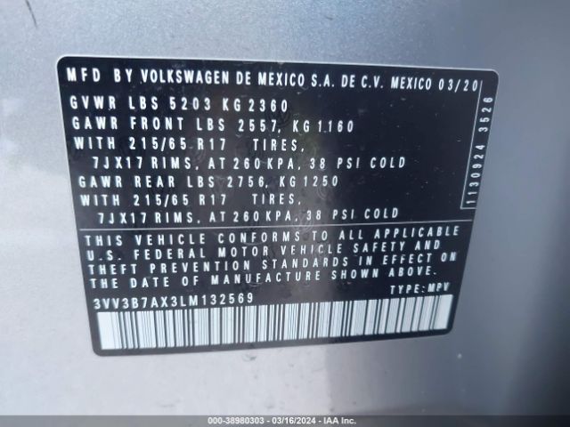 3VV3B7AX3LM132569 Volkswagen Tiguan 2.0t Se/2.0t Se R-line Black/2.0t Sel