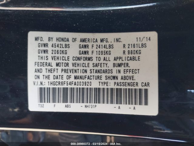 1HGCR6F54FA003920 Honda Accord Hybrid Ex-l