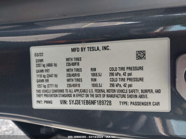 Tesla Model 3 Long Range Dual Motor All-wheel Drive 2022 5YJ3E1EB6NF189728 Image 9