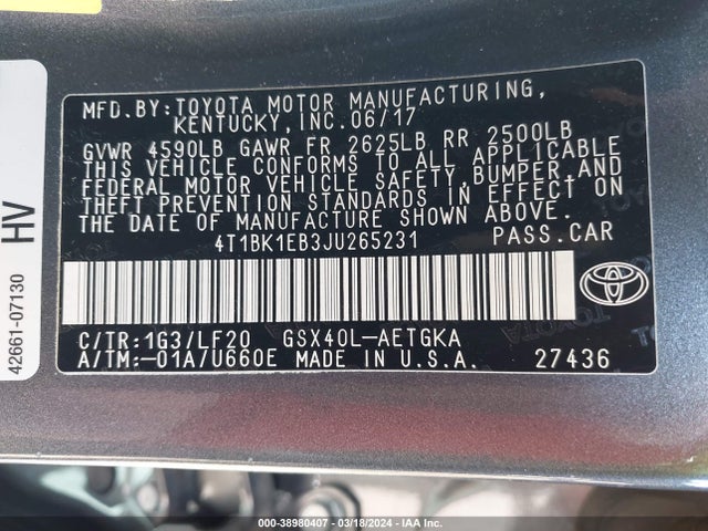 Toyota Avalon Xle Premium 2018 4T1BK1EB3JU265231 Image 9
