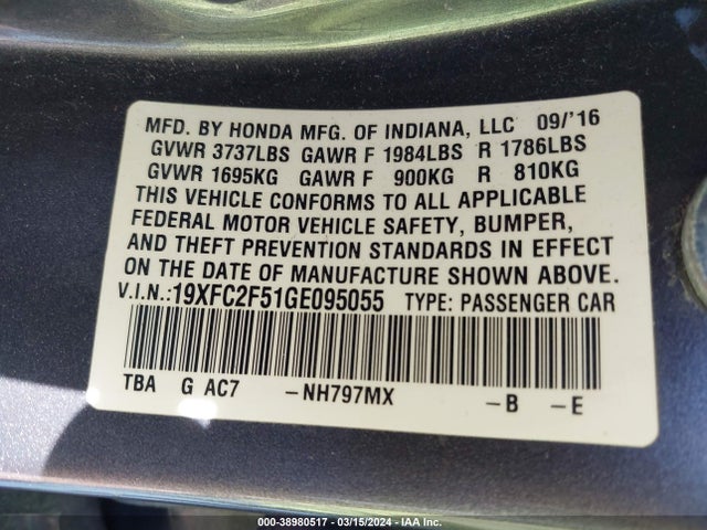 Honda Civic Lx 2016 19XFC2F51GE095055 Image 9