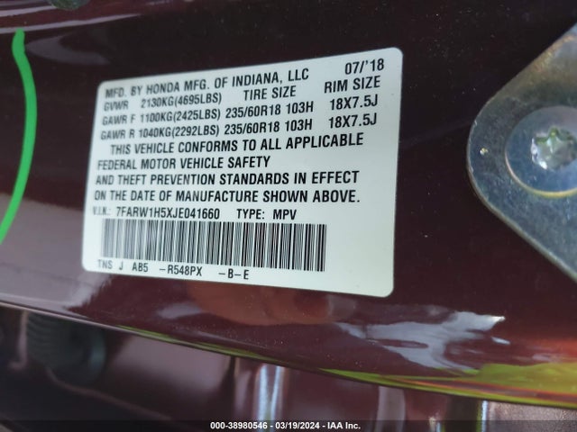 Honda CR-V EX 2018 7FARW1H5XJE041660 Image 9