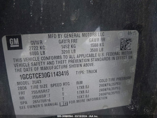 Chevrolet Colorado Lt 2016 1GCGTCE30G1143416 Image 9