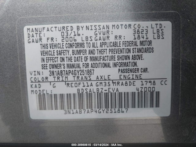 Nissan SENTRA S 2016 3N1AB7AP4GY251867 Image 9
