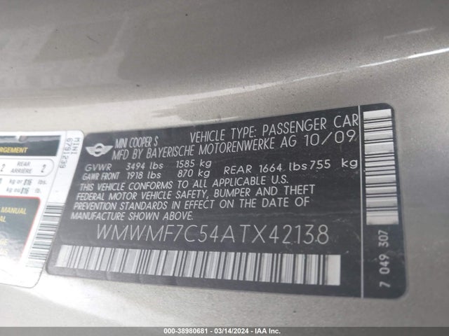 2010 MINI COOPER S WMWMF7C54ATX42138 Photo 8
