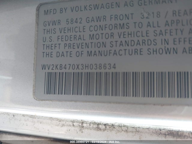 Продаж на аукціоні авто 2003 Volkswagen Eurovan Gls, vin: WV2KB470X3H038634, номер лоту: 38980721