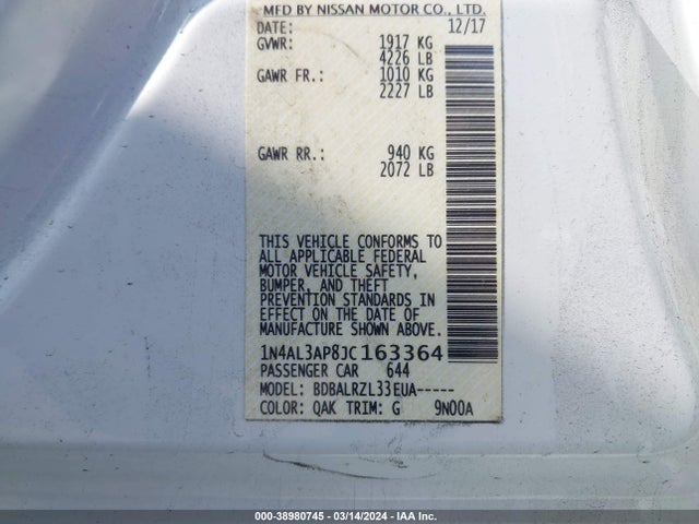 Nissan Altima 2.5 Sl 2018 1N4AL3AP8JC163364 Image 9
