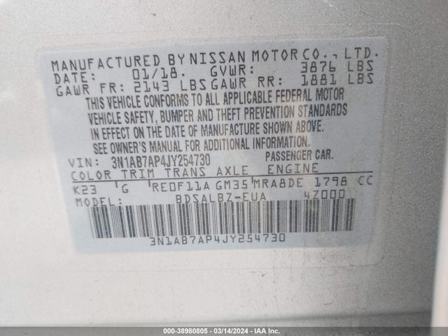Nissan SENTRA S 2018 3N1AB7AP4JY254730 Image 9