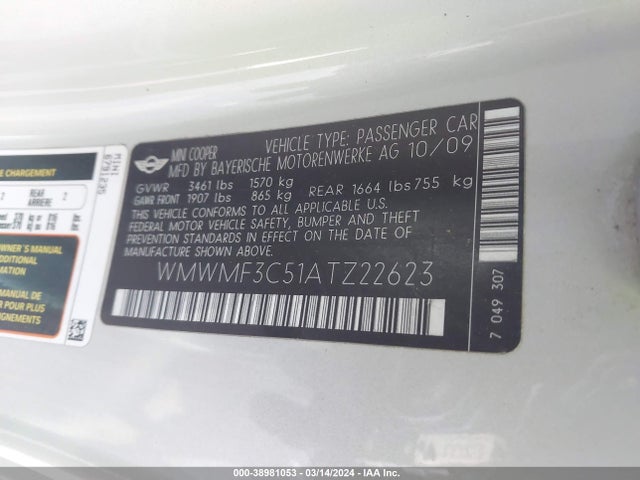 2010 MINI COOPER WMWMF3C51ATZ22623 Photo 8