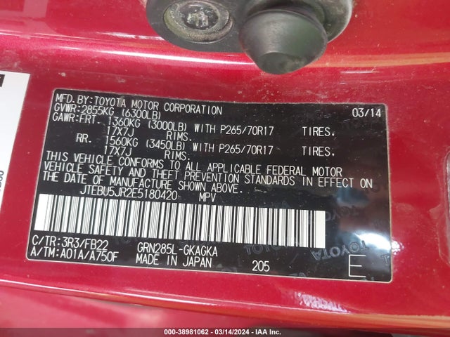 Toyota 4RUNNER SR5 2014 JTEBU5JR2E5180420 Image 9