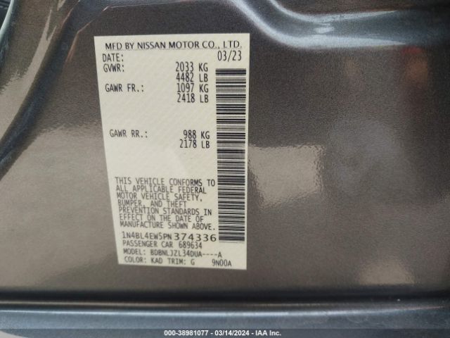 1N4BL4EW5PN374336 Nissan Altima Sl Intelligent Awd