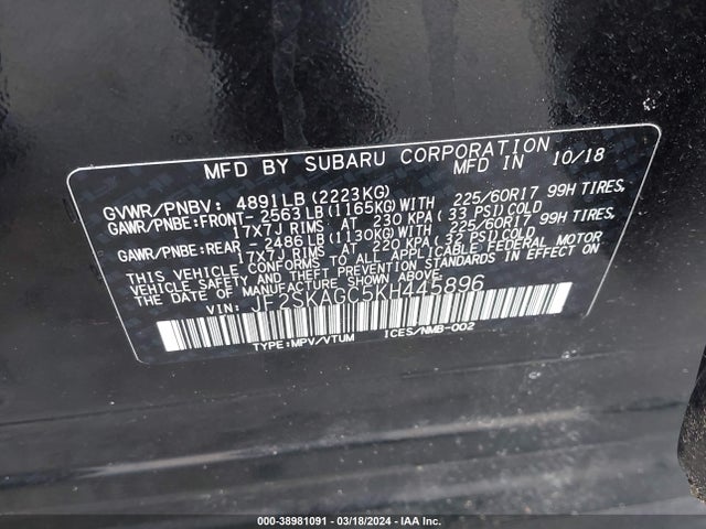 JF2SKAGC5KH445896 Subaru Forester Premium
