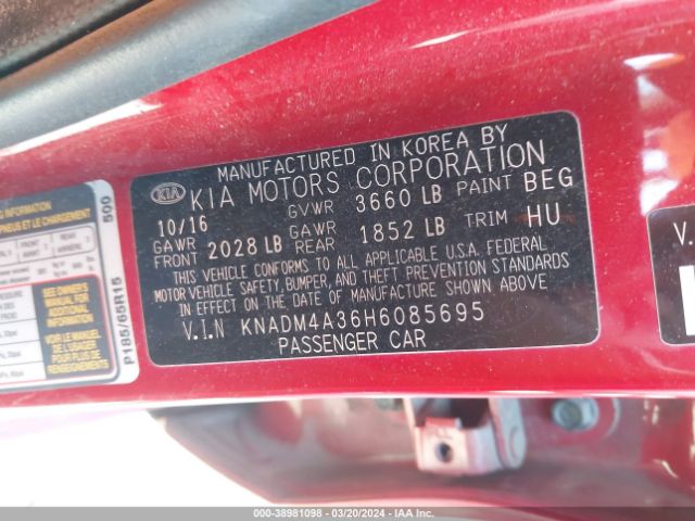 KNADM4A36H6085695 KIA RIO LX