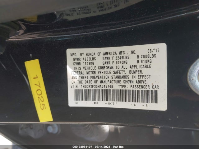Honda ACCORD LX 2017 1HGCR2F35HA045748 Image 9