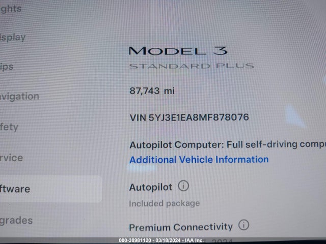 Tesla Model 3 Standard Range Plus Rear-wheel Drive 2021 5YJ3E1EA8MF878076 Image 9