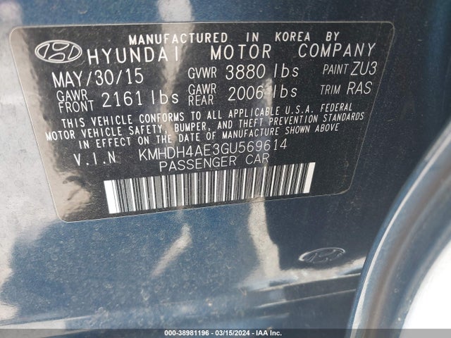 Hyundai ELANTRA SE 2016 KMHDH4AE3GU569614 Image 9