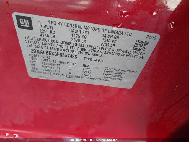 Chevrolet EQUINOX 1LT 2015 2GNALBEK3F6357486 Image 9