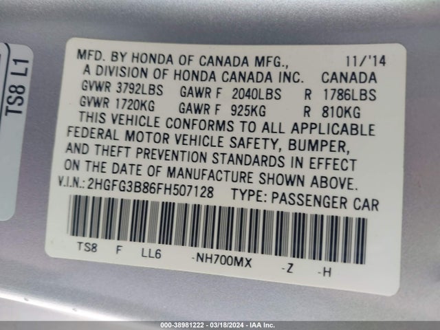 Honda CIVIC EX 2015 2HGFG3B86FH507128 Image 9