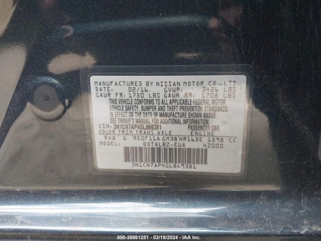 3N1CN7AP4GL869381 Nissan Versa 1.6 S/1.6 S+/1.6 Sl/1.6 Sv