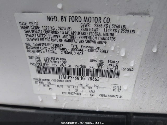 Ford Taurus Limited 2017 1FAHP2F86HG128663 Image 9