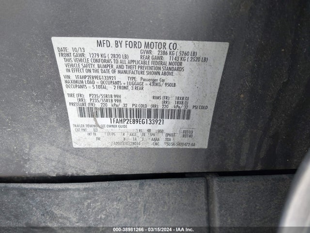 Ford TAURUS SEL 2014 1FAHP2E89EG133921 Image 9