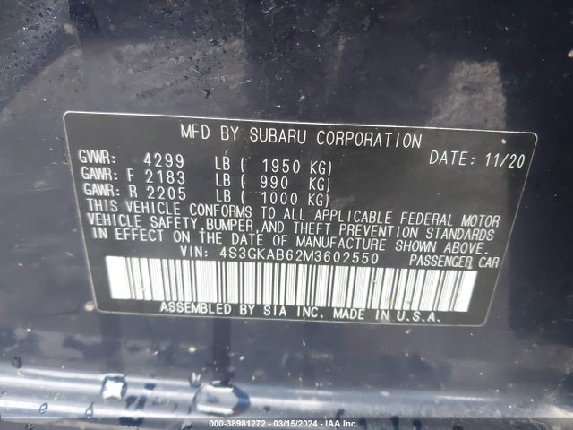 Subaru IMPREZA SEDAN 2021 4S3GKAB62M3602550 Image 9