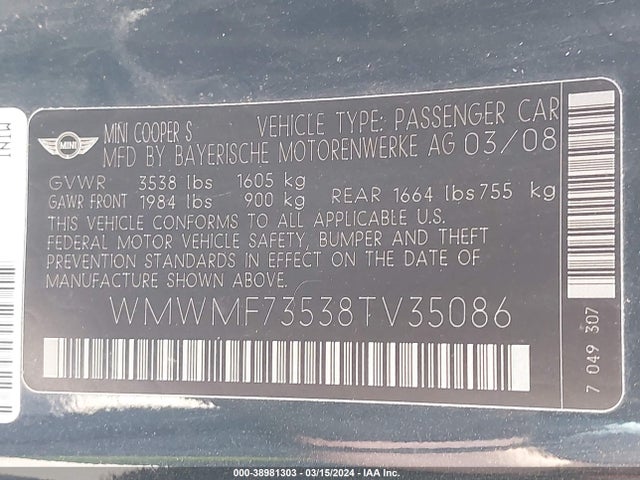 2008 MINI COOPER S WMWMF73538TV35086 Photo 8