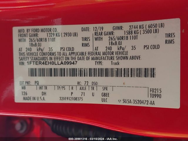 1FTER4EH0LLA09947 Ford Ranger Lariat