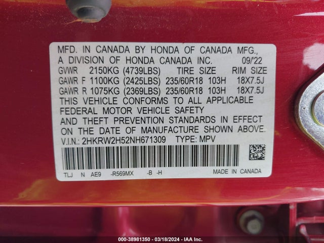 Honda Cr-v Awd Ex 2022 2HKRW2H52NH671309 Image 9