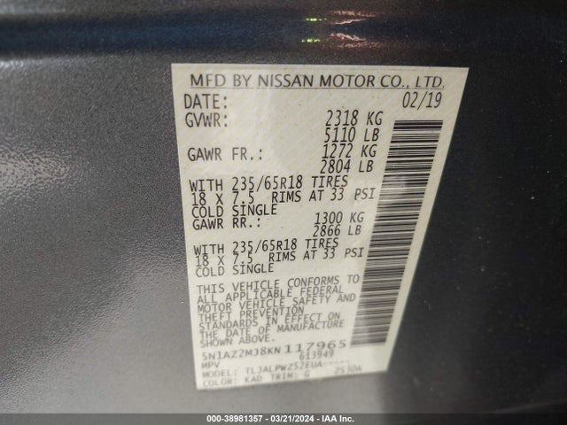 Nissan MURANO S 2019 5N1AZ2MJ8KN117965 Image 9