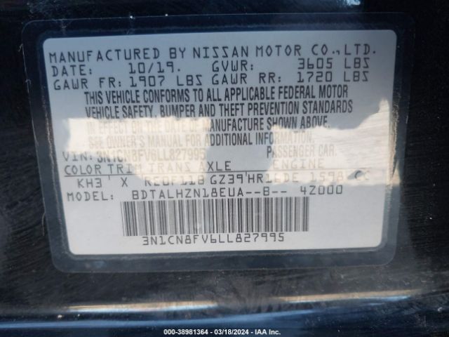 3N1CN8FV6LL827995 Nissan Versa Sr Xtronic Cvt