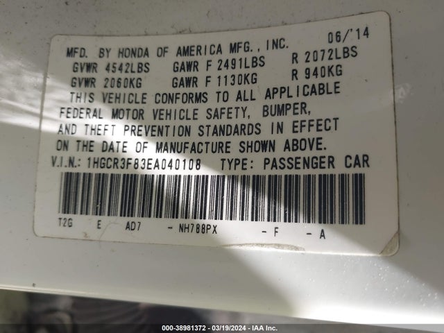 Honda Accord Ex-l V-6 2014 1HGCR3F83EA040108 Image 9
