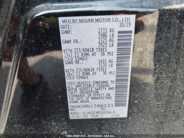 5N1DR2CM5LC586131 Nissan Pathfinder Sl 4wd