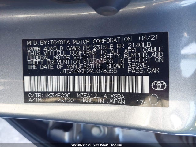 Toyota Corolla 2021 JTDS4MCE2MJ078355 Image 21