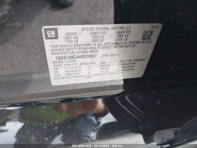 1GKS1AKC4HR238867 GMC YUKON SLE