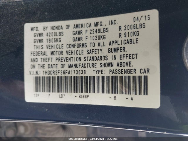 Honda ACCORD LX 2015 1HGCR2F36FA173638 Image 9