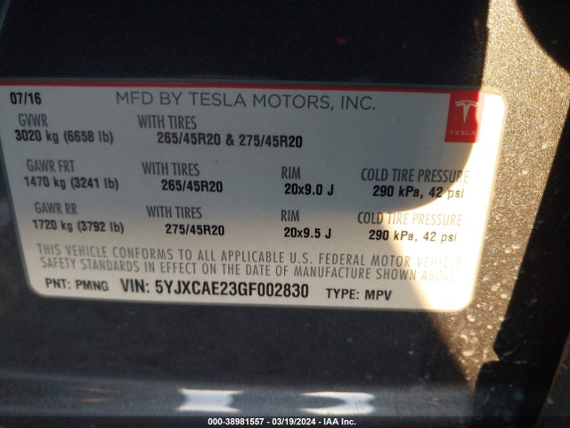 Tesla Model X 60d/70d/75d/90d 2016 5YJXCAE23GF002830 Image 9