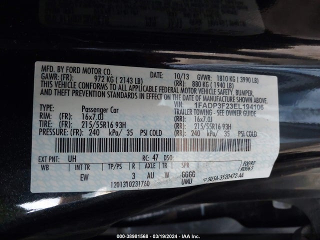 Ford FOCUS SE 2014 1FADP3F23EL194106 Image 9